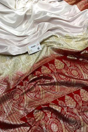 White and Red Royal Plain Katan Silk Banarasi Saree
