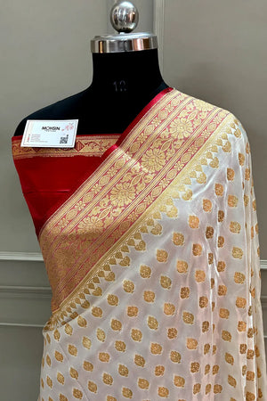 White and Red Satin Silk Banarasi Saree