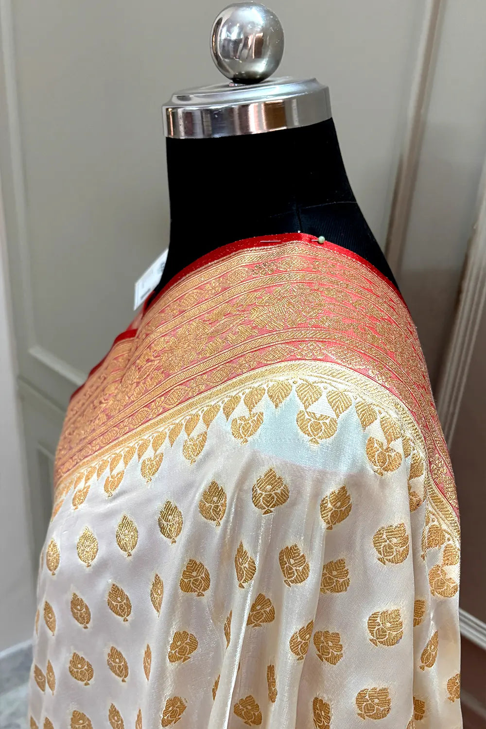 White and Red Satin Silk Banarasi Saree