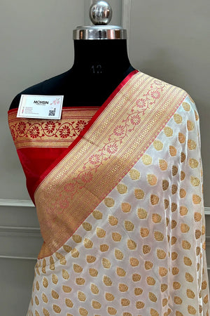 White and Red Satin Silk Banarasi Saree