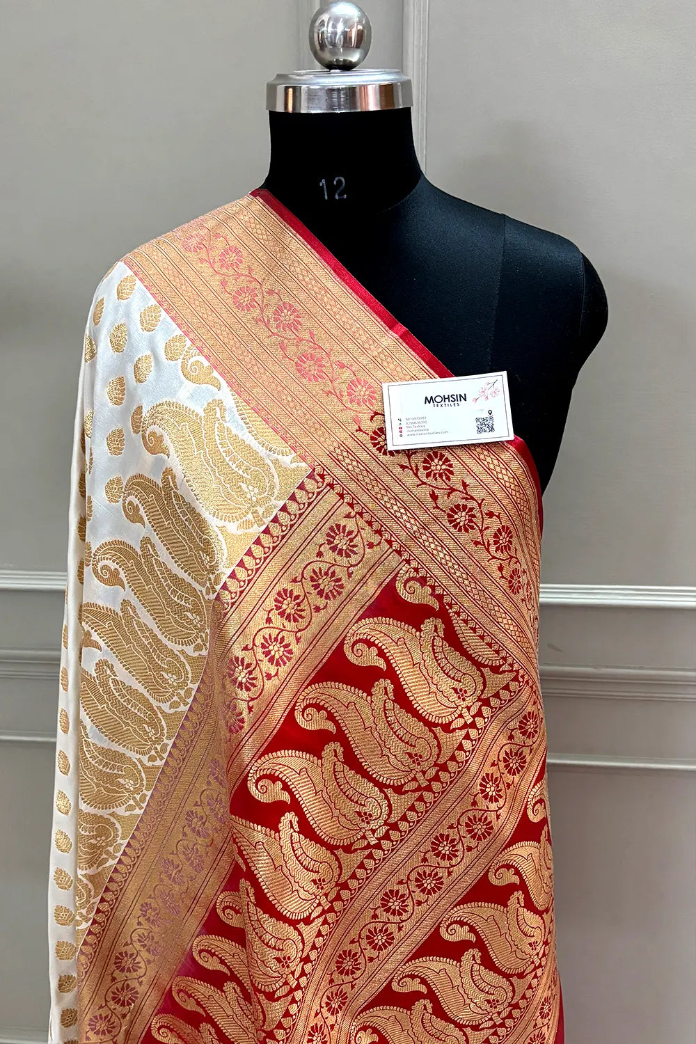 White and Red Satin Silk Banarasi Saree
