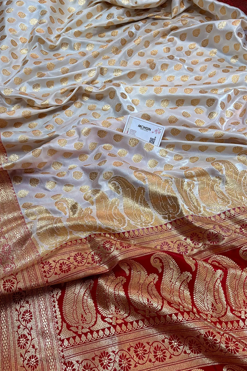 White and Red Satin Silk Banarasi Saree