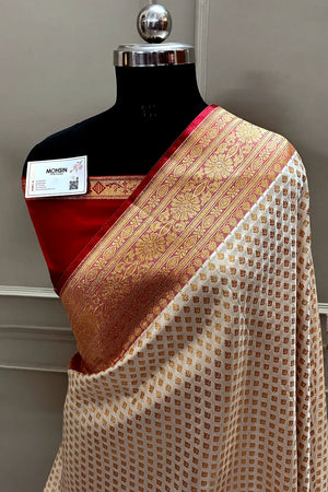 White and Red Zari Satin Silk Banarasi Saree