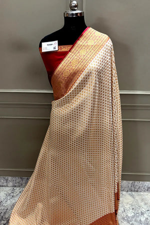 White and Red Zari Satin Silk Banarasi Saree