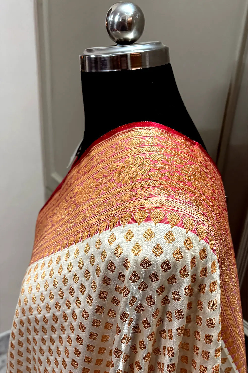 White and Red Zari Satin Silk Banarasi Saree