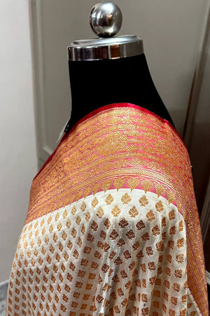 White and Red Zari Satin Silk Banarasi Saree