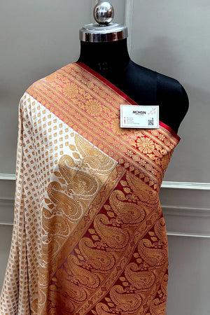 White and Red Zari Satin Silk Banarasi Saree