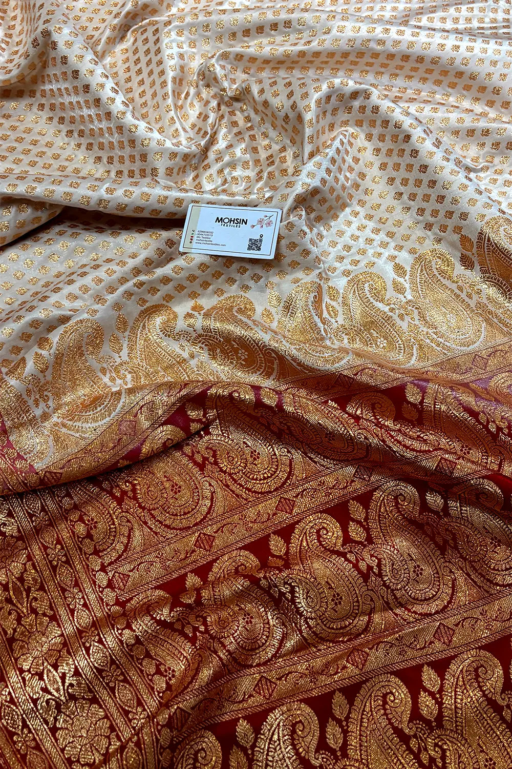 White and Red Zari Satin Silk Banarasi Saree