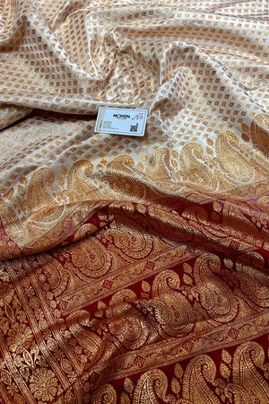 White and Red Zari Satin Silk Banarasi Saree