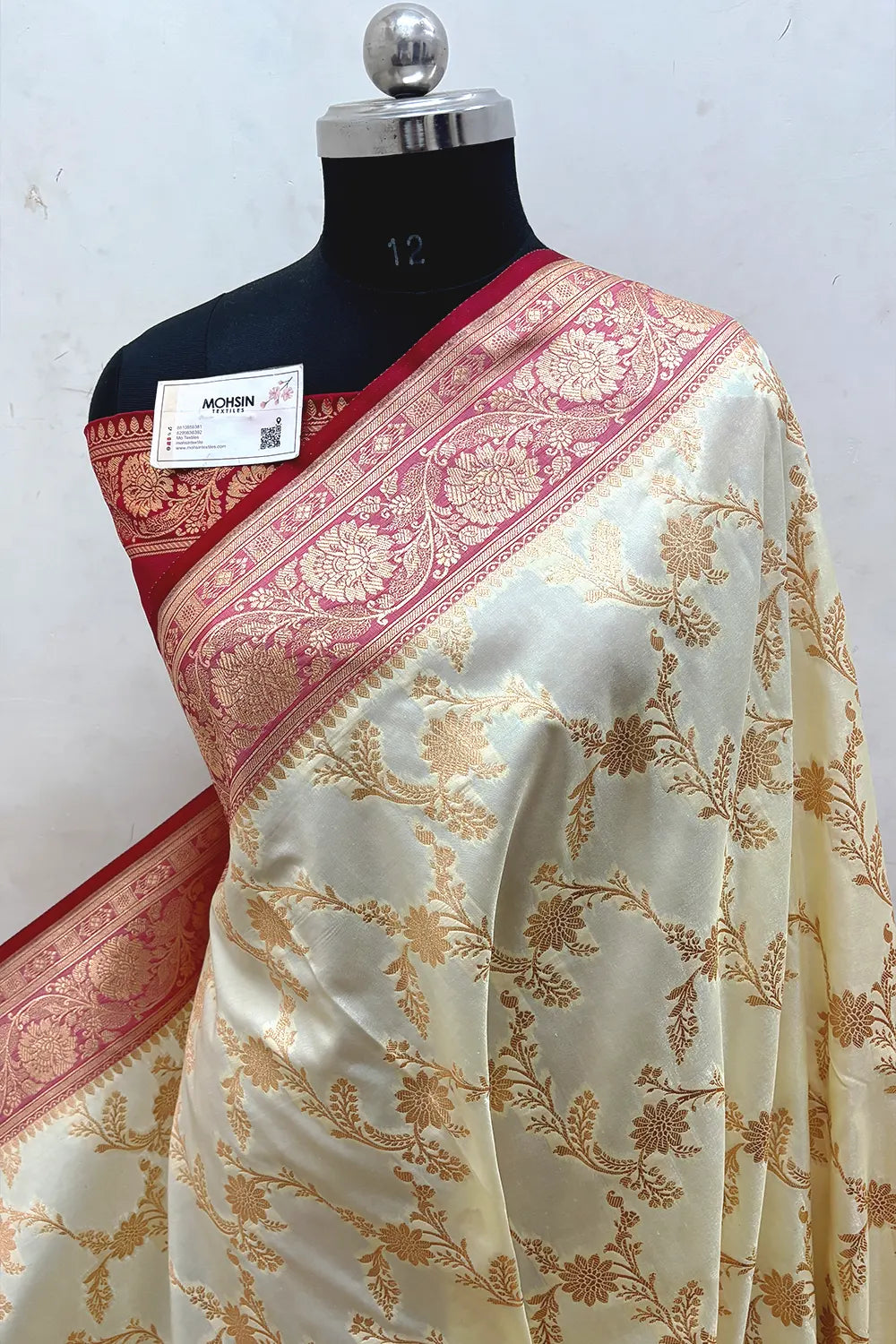 White and Red Zari Katan Satin Silk Banarasi Saree