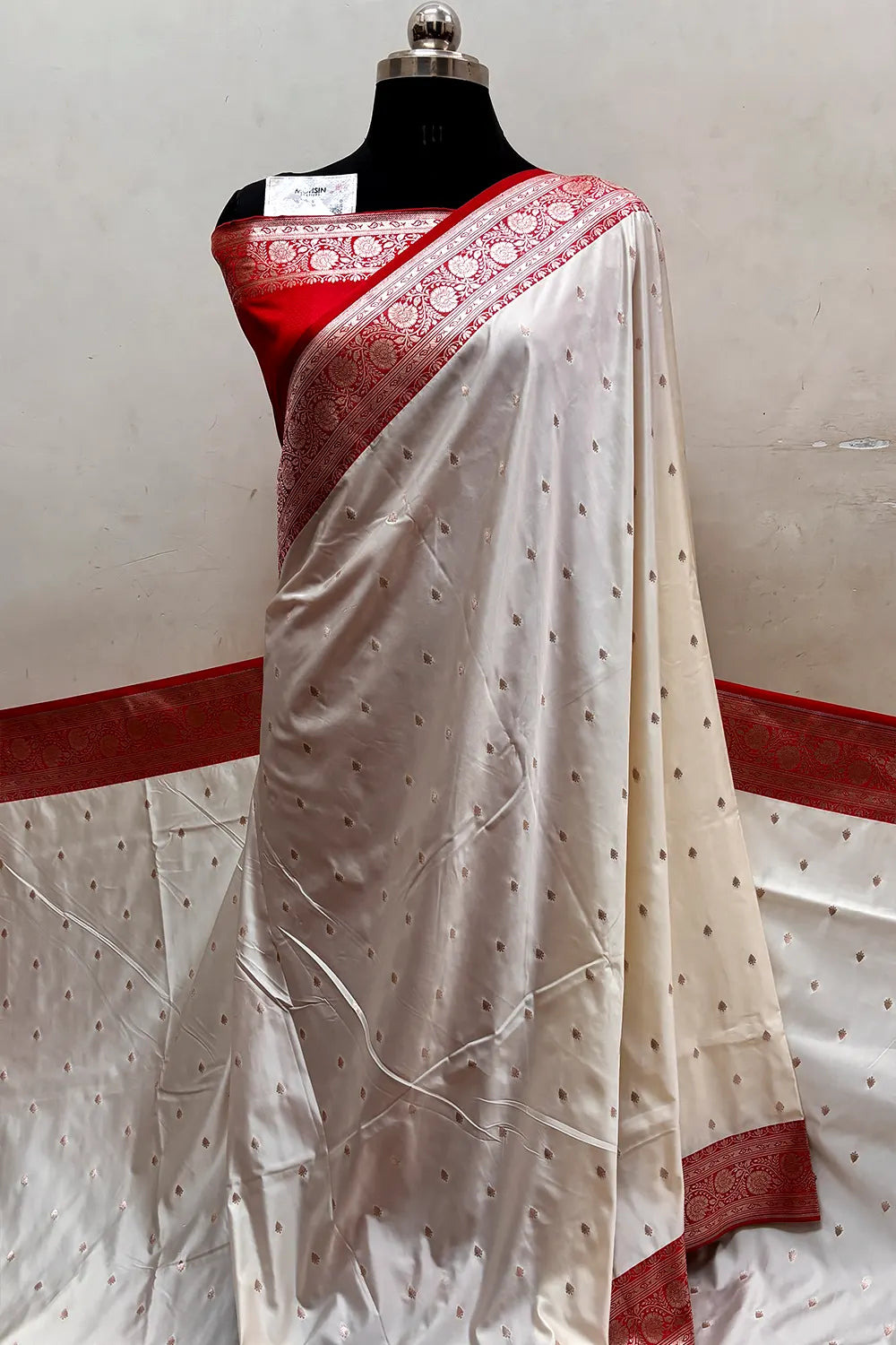 White and Red Zari Katan Silk Banarasi Saree