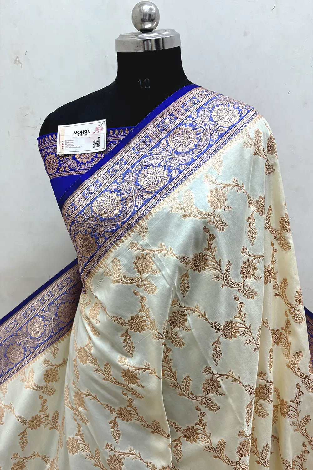 White and Royal Blue Zari Katan Satin Silk Banarasi Saree