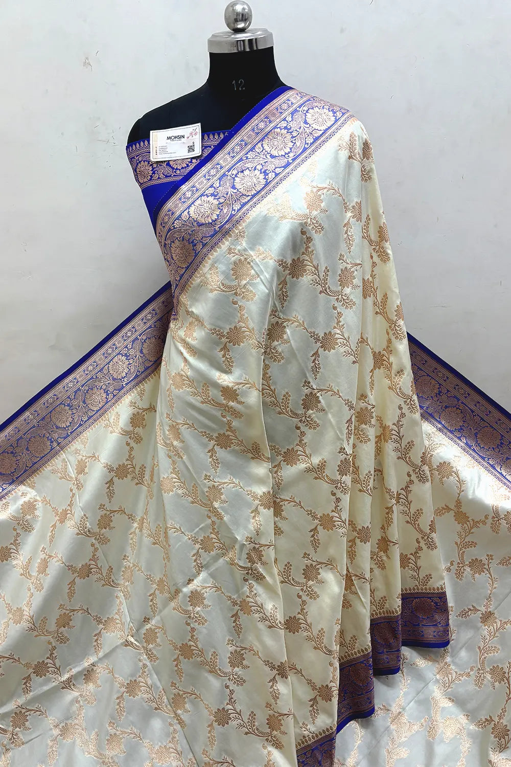 White and Royal Blue Zari Katan Satin Silk Banarasi Saree