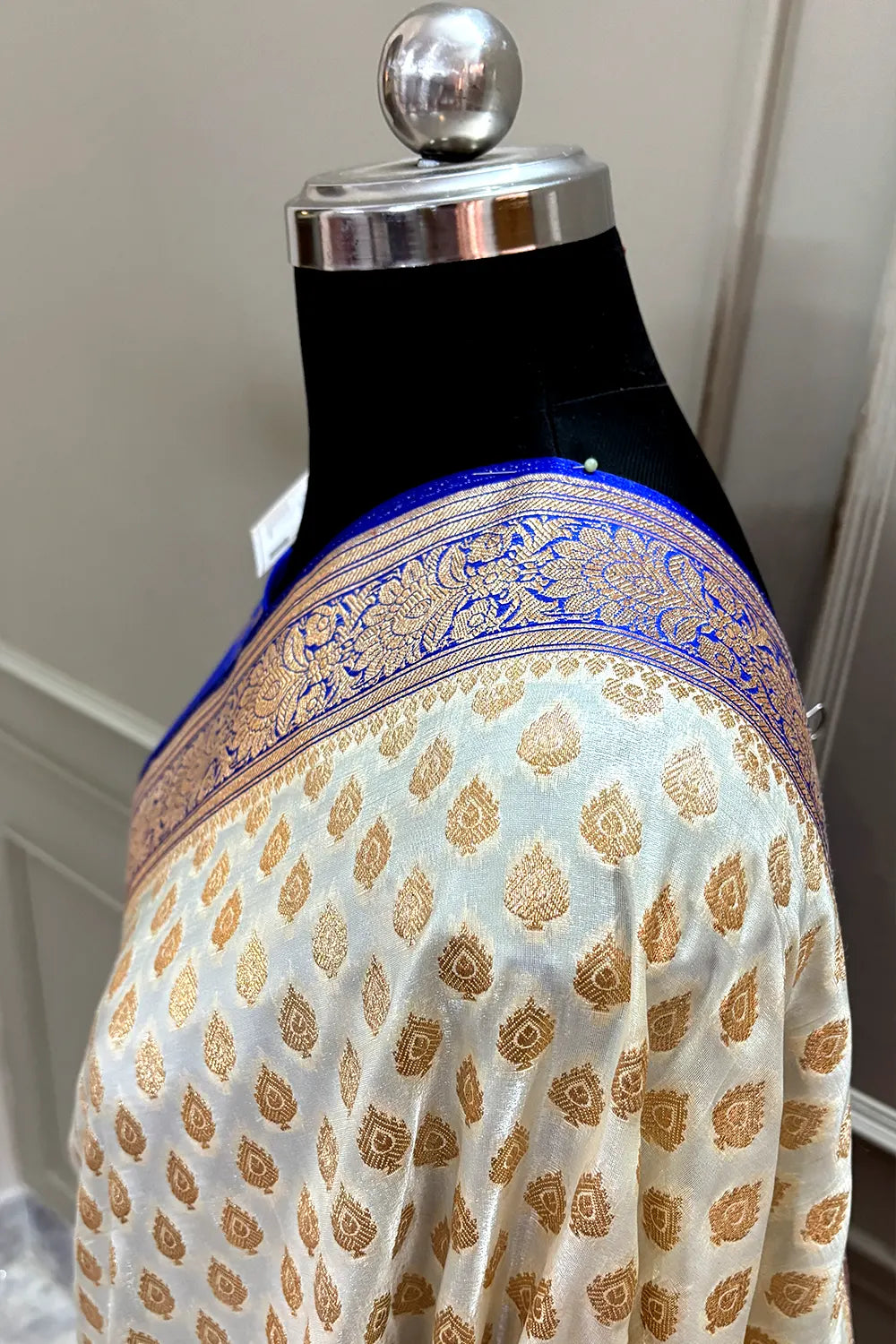 White and Royal Blue Zari Katan Silk Banarasi Saree