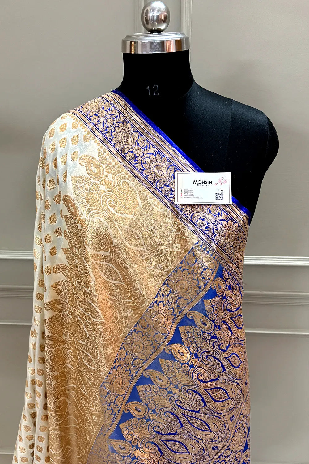 White and Royal Blue Zari Katan Silk Banarasi Saree