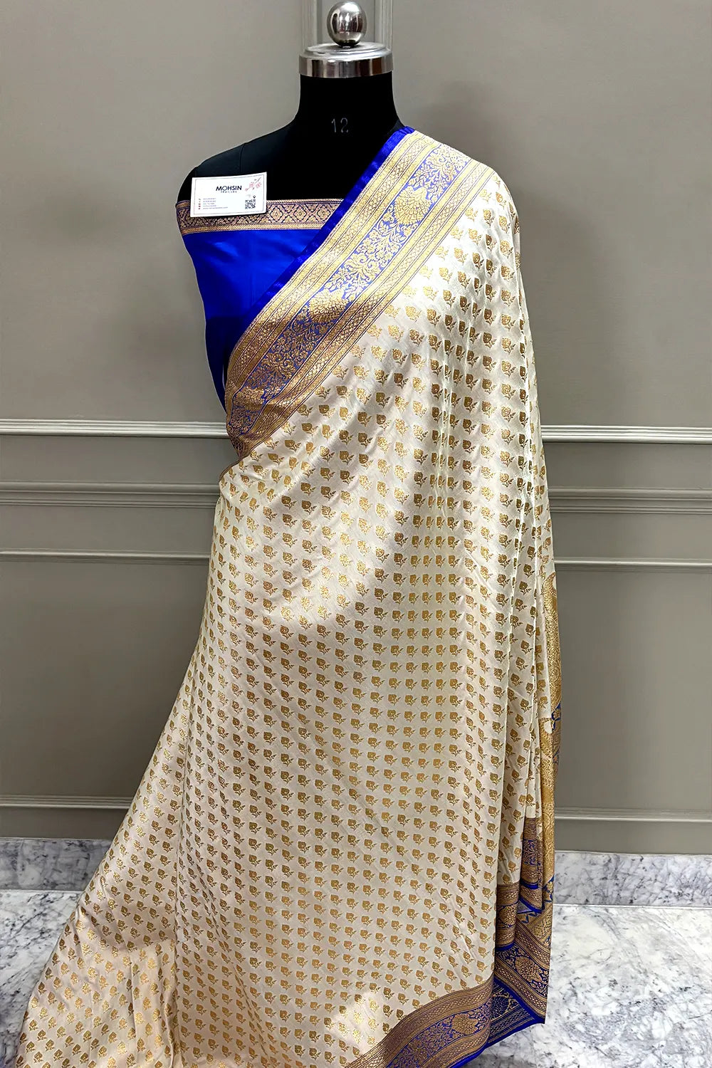 White and Royal Blue Zari Katan Satin Silk Banarasi Saree
