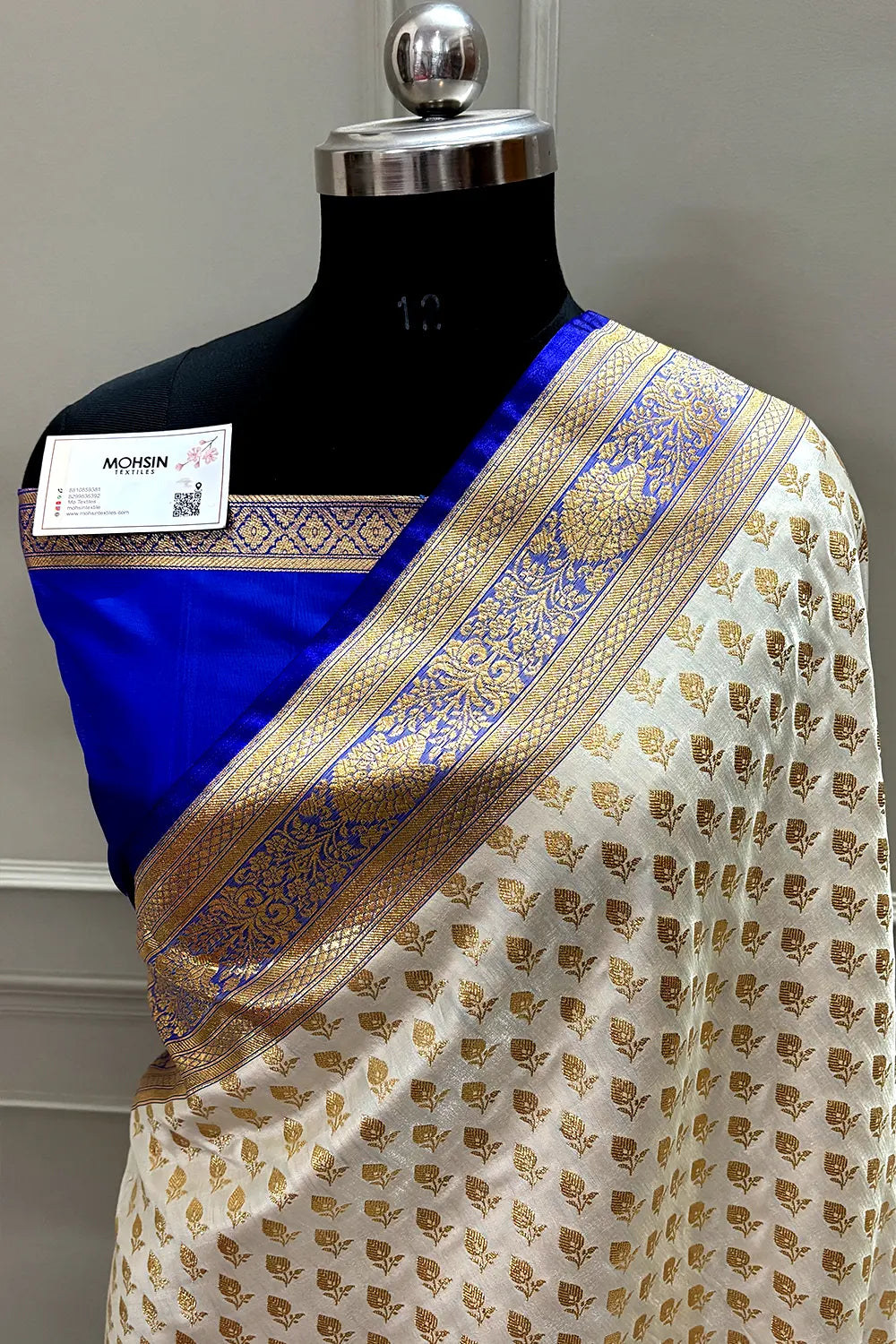 White and Royal Blue Zari Katan Satin Silk Banarasi Saree