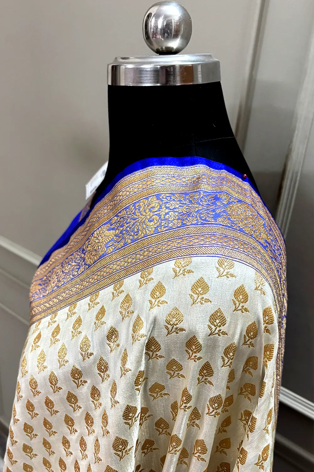 White and Royal Blue Zari Katan Satin Silk Banarasi Saree