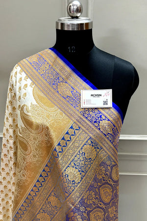 White and Royal Blue Zari Katan Satin Silk Banarasi Saree