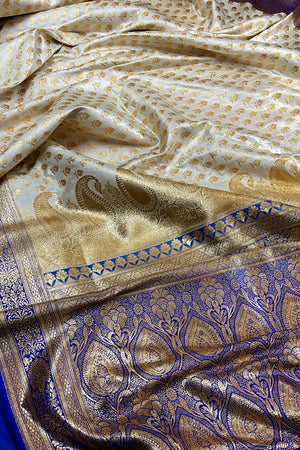 White and Royal Blue Zari Katan Satin Silk Banarasi Saree