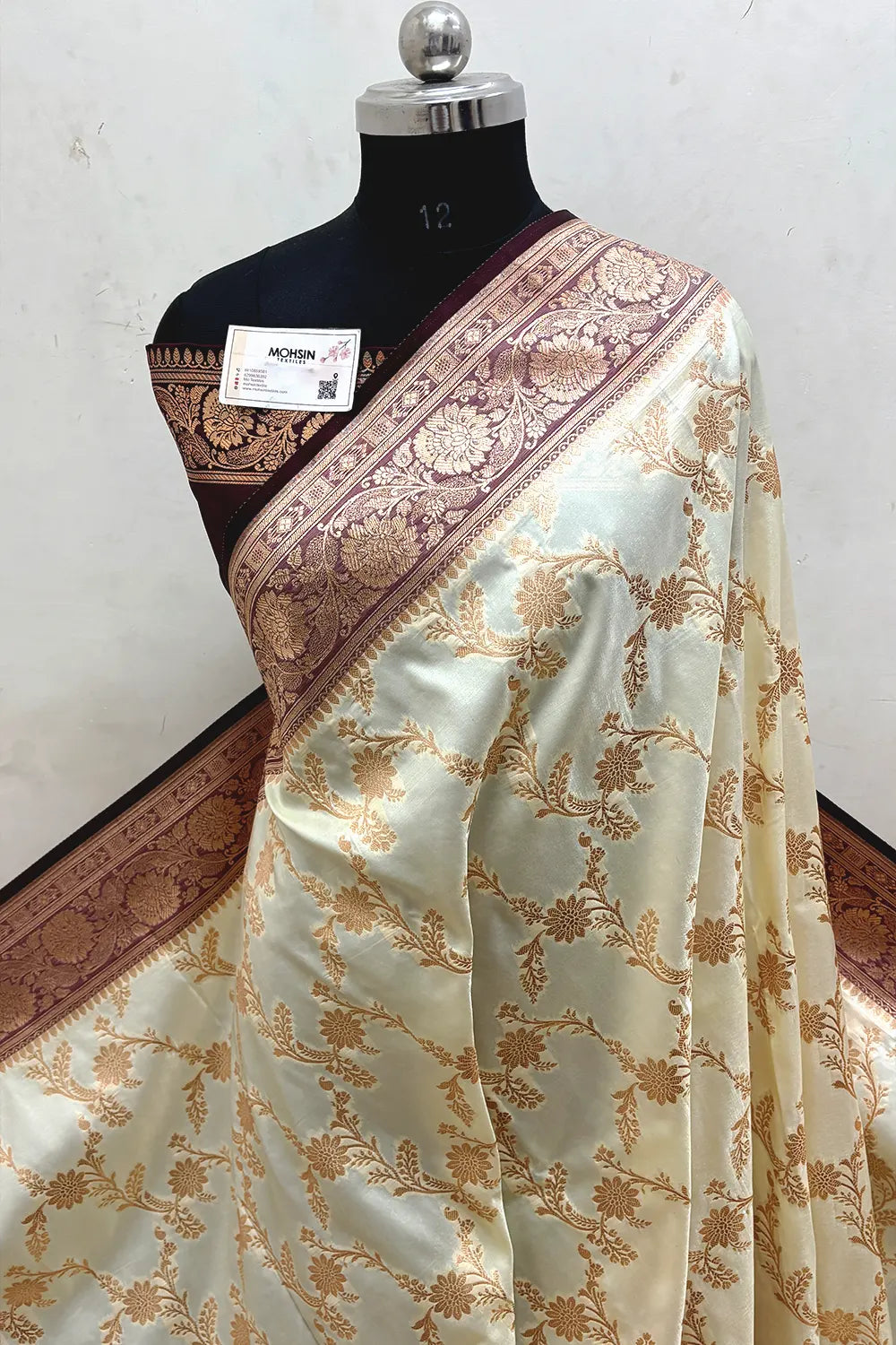 White and Wine Zari Katan Satin Silk Banarasi Saree