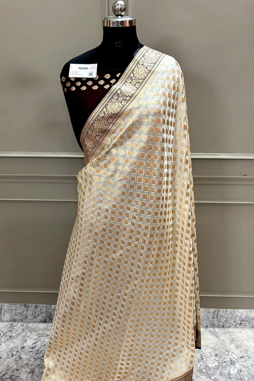 White and Wine Zari Katan Silk Banarasi Saree