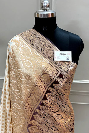 White and Wine Zari Katan Silk Banarasi Saree