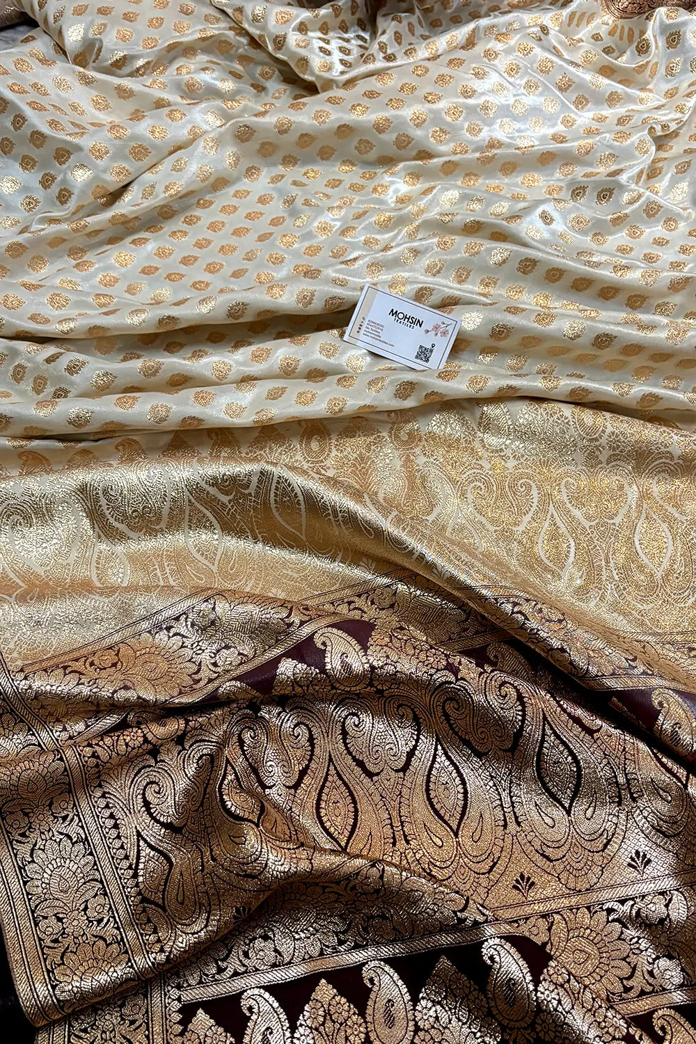 White and Wine Zari Katan Silk Banarasi Saree