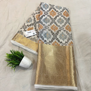 White Black Printed Muga Silk Banarasi Saree