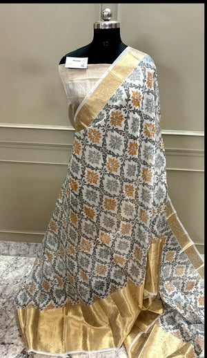 White Black Printed Muga Silk Banarasi Saree