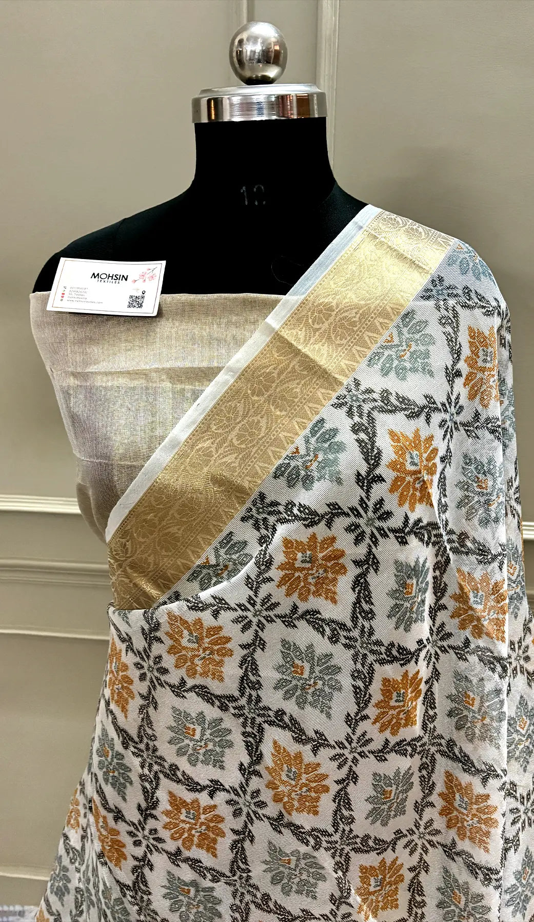 White Black Printed Muga Silk Banarasi Saree