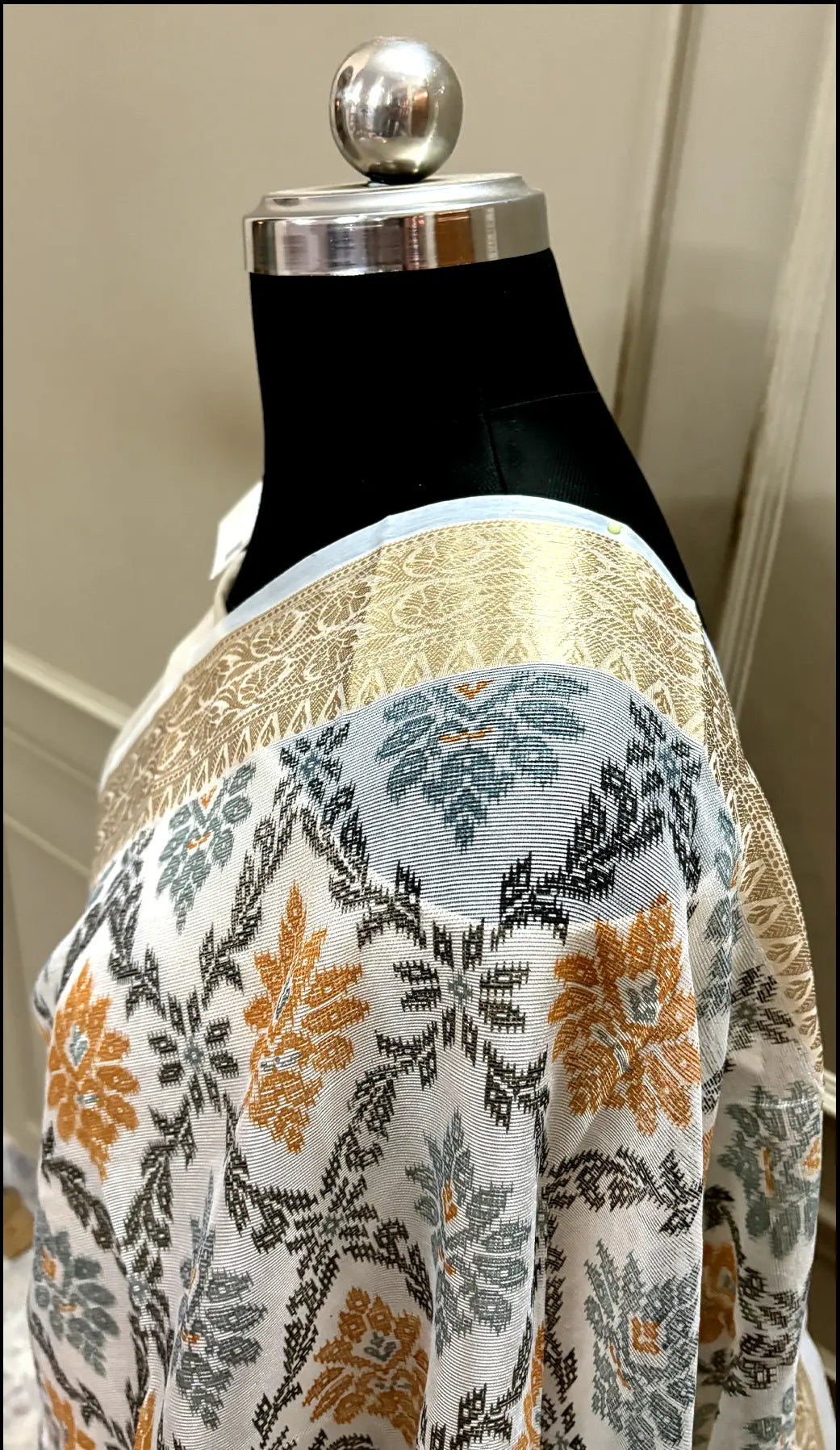 White Black Printed Muga Silk Banarasi Saree