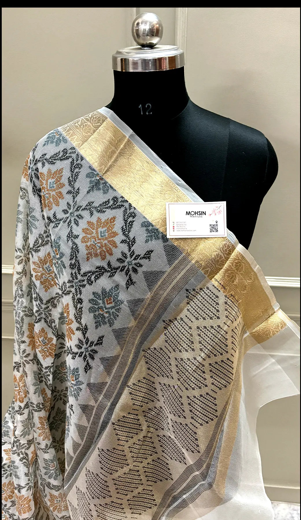 White Black Printed Muga Silk Banarasi Saree