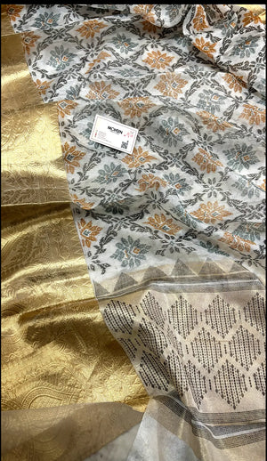 White Black Printed Muga Silk Banarasi Saree