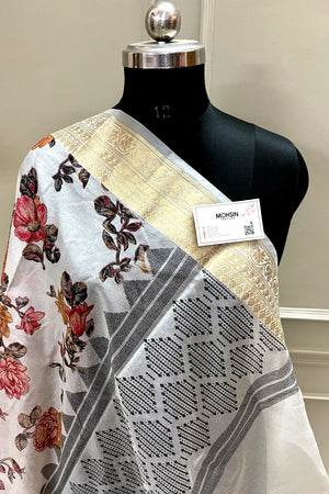 White Black Printed Muga Silk Banarasi Saree