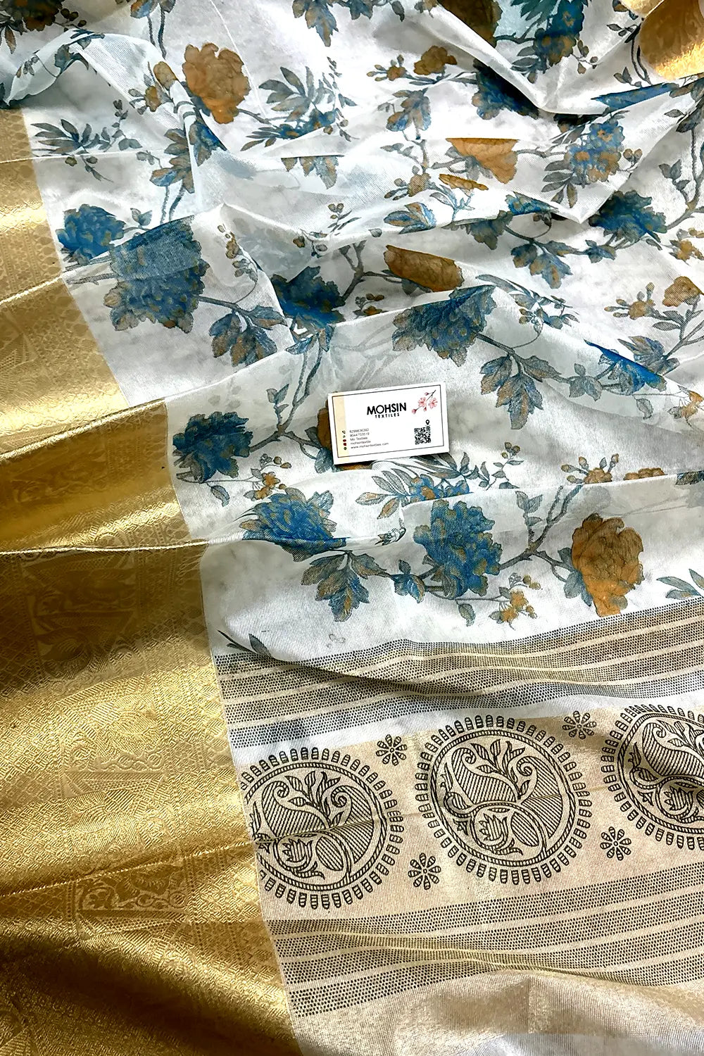 White Blue Printed Muga Silk Banarasi Saree
