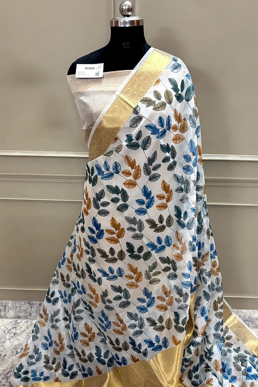 White Blue Printed Muga Silk Banarasi Saree