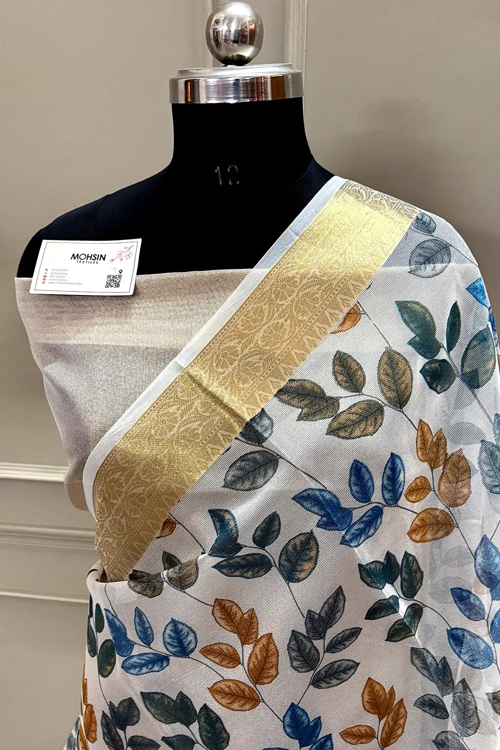 White Blue Printed Muga Silk Banarasi Saree