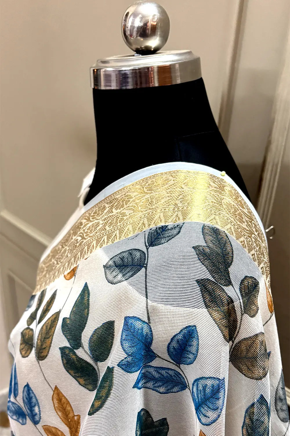 White Blue Printed Muga Silk Banarasi Saree