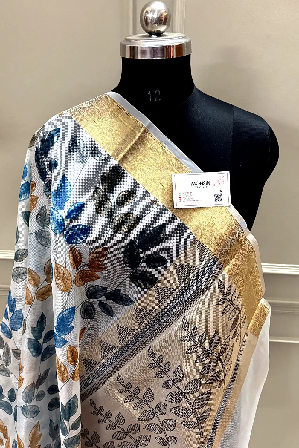 White Blue Printed Muga Silk Banarasi Saree