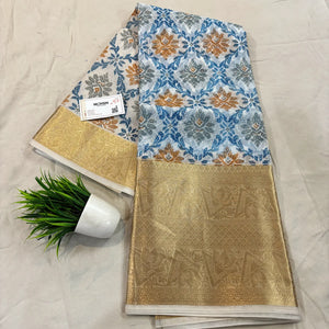 White Blue Printed Muga Silk Banarasi Saree
