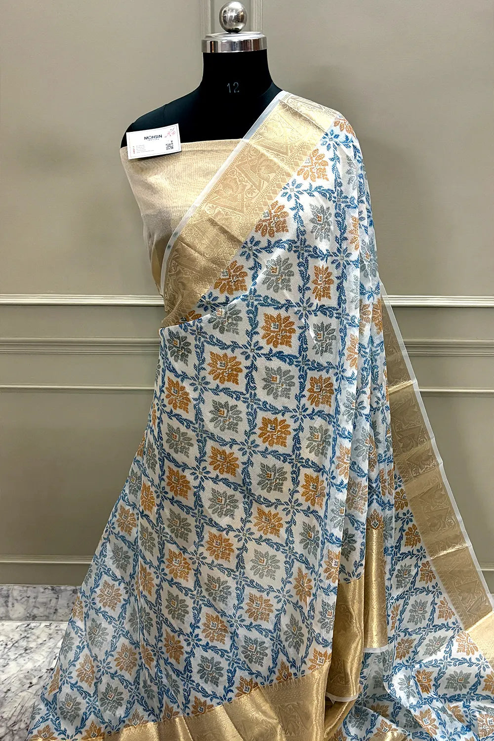 White Blue Printed Muga Silk Banarasi Saree