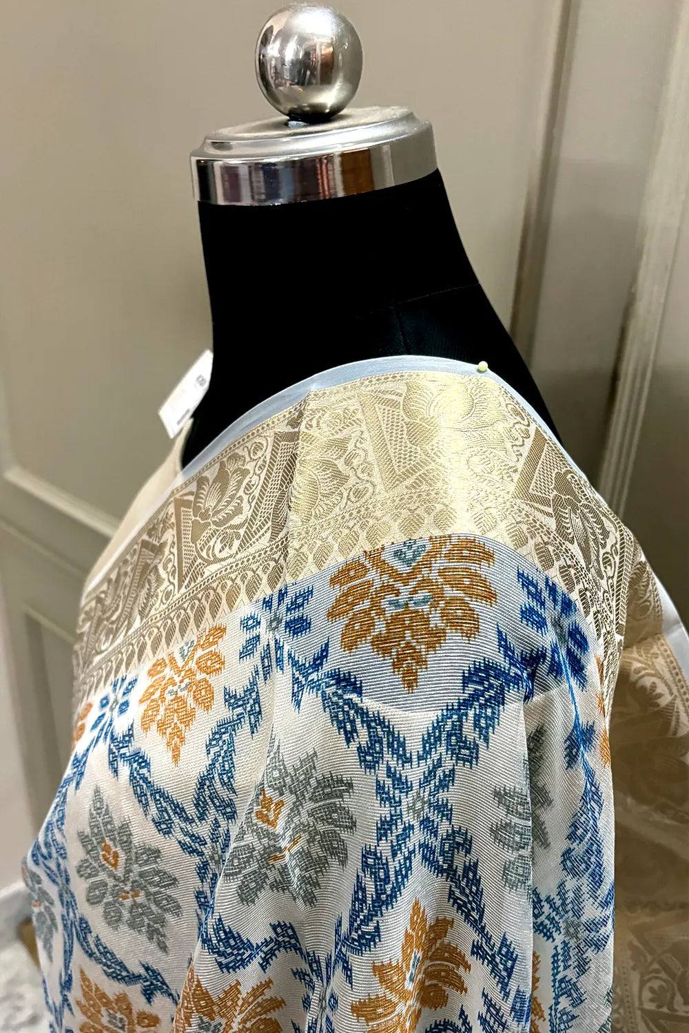 White Blue Printed Muga Silk Banarasi Saree