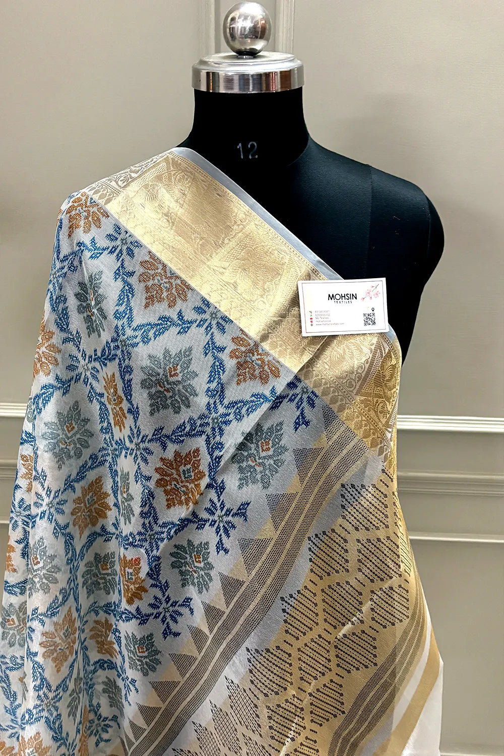 White Blue Printed Muga Silk Banarasi Saree