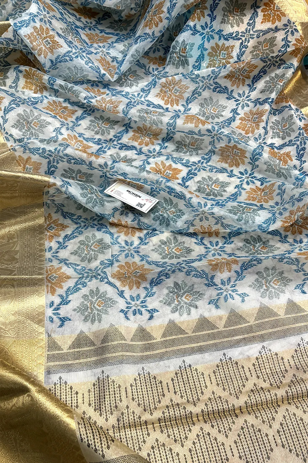 White Blue Printed Muga Silk Banarasi Saree