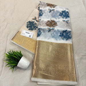 White Blue Printed Muga Silk Banarasi Saree