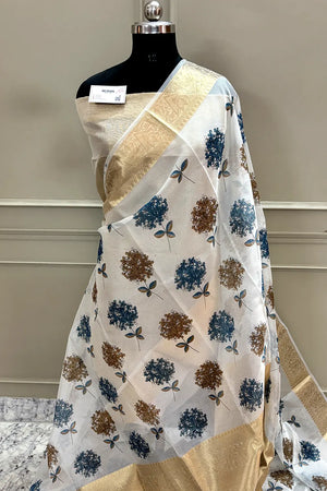 White Blue Printed Muga Silk Banarasi Saree