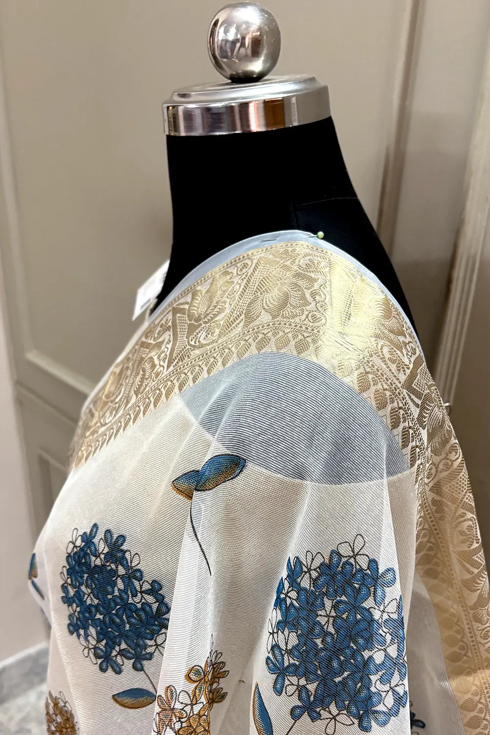 White Blue Printed Muga Silk Banarasi Saree