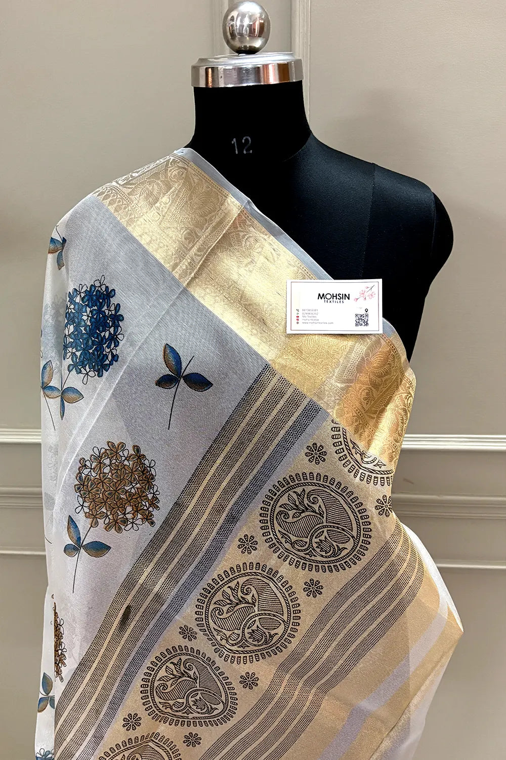 White Blue Printed Muga Silk Banarasi Saree