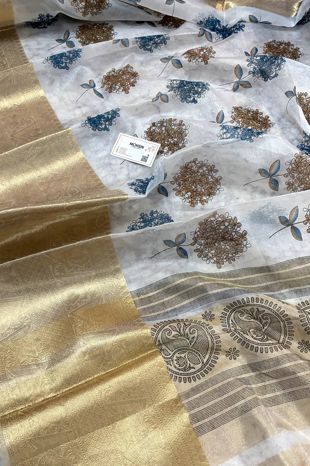 White Blue Printed Muga Silk Banarasi Saree